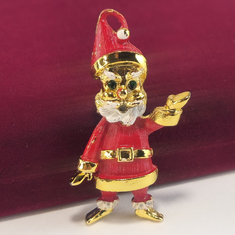 Vintage Santa Claus Brooch Green Rhinestone Eyes Enamel Gold Tone Christmas Pin